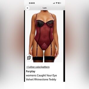 Forplay Burgundy Rhinestone Mesh Bodysuit with Garter Straps Teddy
